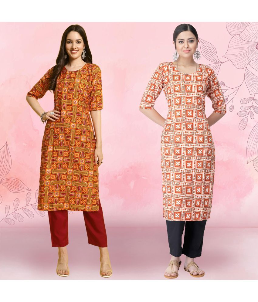     			Ethnicbasket Crepe Printed Kurti With Pants Women's Stitched Salwar Suit - Orange ( Pack of 2 )