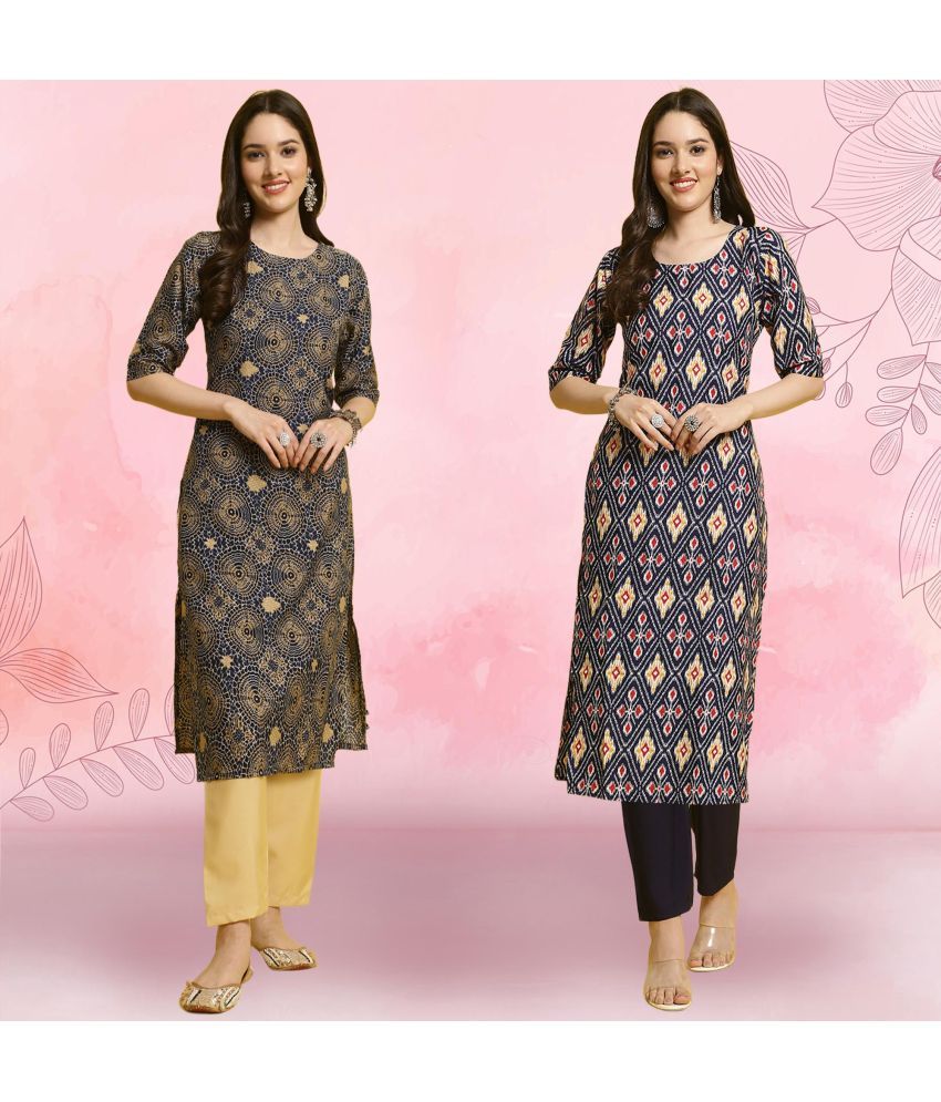     			Ethnicbasket Crepe Printed Kurti With Pants Women's Stitched Salwar Suit - Navy Blue ( Pack of 2 )