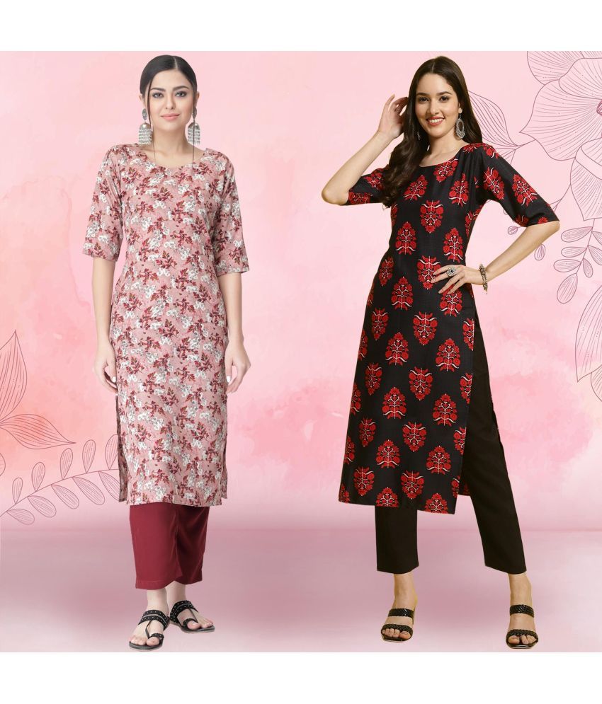     			Ethnicbasket Crepe Printed Kurti With Pants Women's Stitched Salwar Suit - Black ( Pack of 2 )