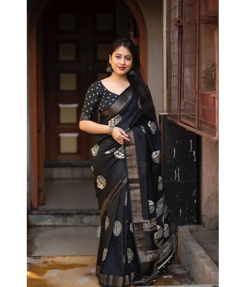     			Pheasant Pack of 1 Cotton Blend Printed Saree With Blouse Piece ( Black )