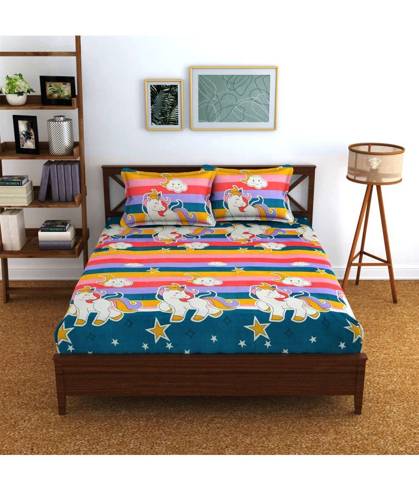     			REDROME Cotton Floral Printed Fitted 1 Bedsheet with 2 Pillow Covers ( Queen Size ) - Blue