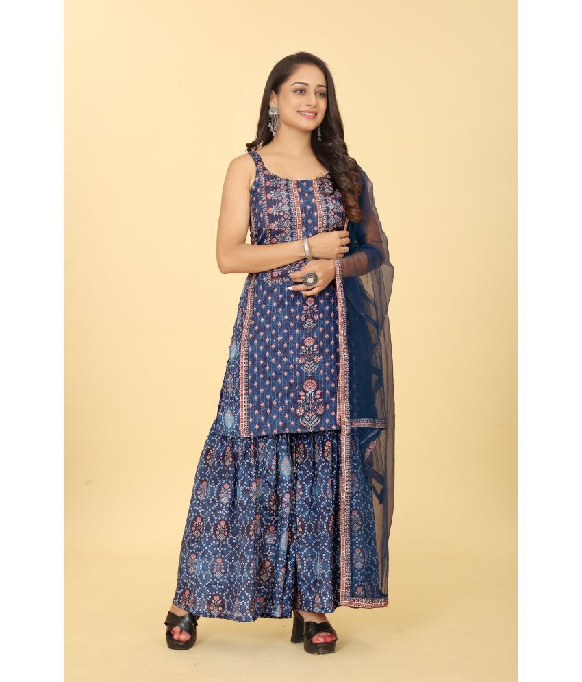     			Riti Pack of 1 Rayon Printed Straight Women's Kurti with Dupatta - ( Blue )