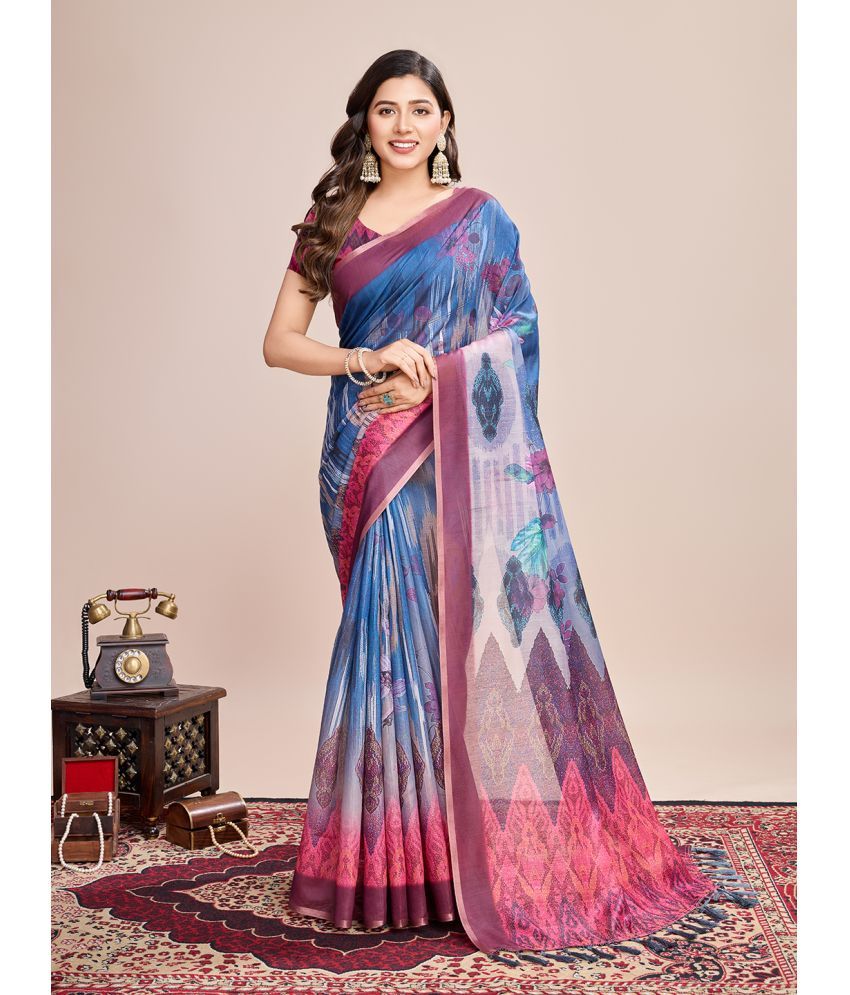     			Varni Fabrics Pack of 1 Linen Printed Saree With Blouse Piece ( Blue )