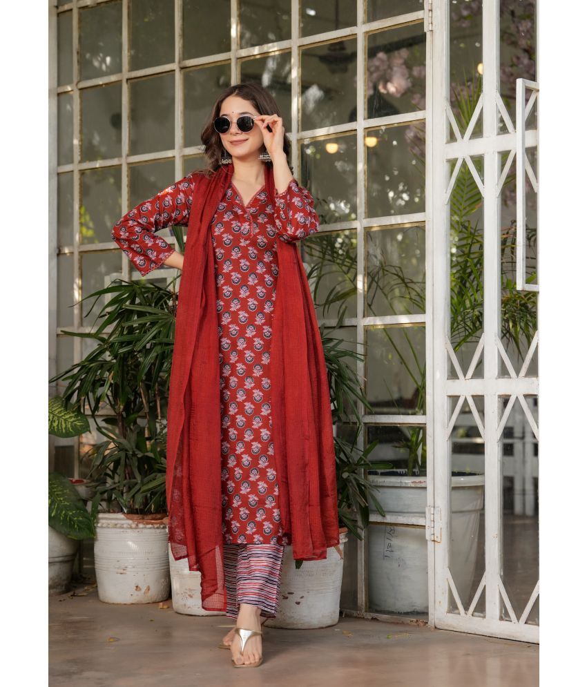     			Vividvibe Cotton Printed Kurti With Pants Women's Stitched Salwar Suit - Red ( Pack of 1 )