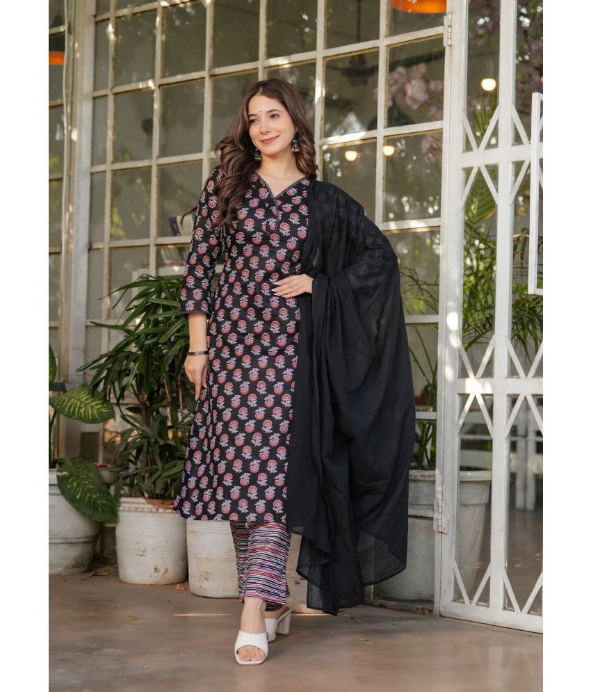     			Vividvibe Cotton Printed Kurti With Pants Women's Stitched Salwar Suit - Black ( Pack of 1 )