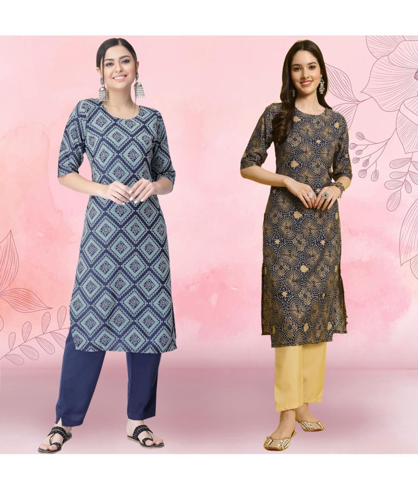     			1 Stop Fashion Crepe Printed Kurti With Pants Women's Stitched Salwar Suit - Blue ( Pack of 2 )