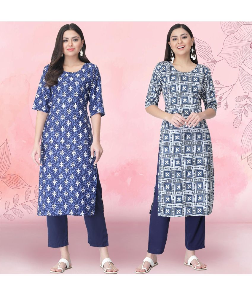     			1 Stop Fashion Crepe Printed Kurti With Pants Women's Stitched Salwar Suit - Navy Blue ( Pack of 2 )