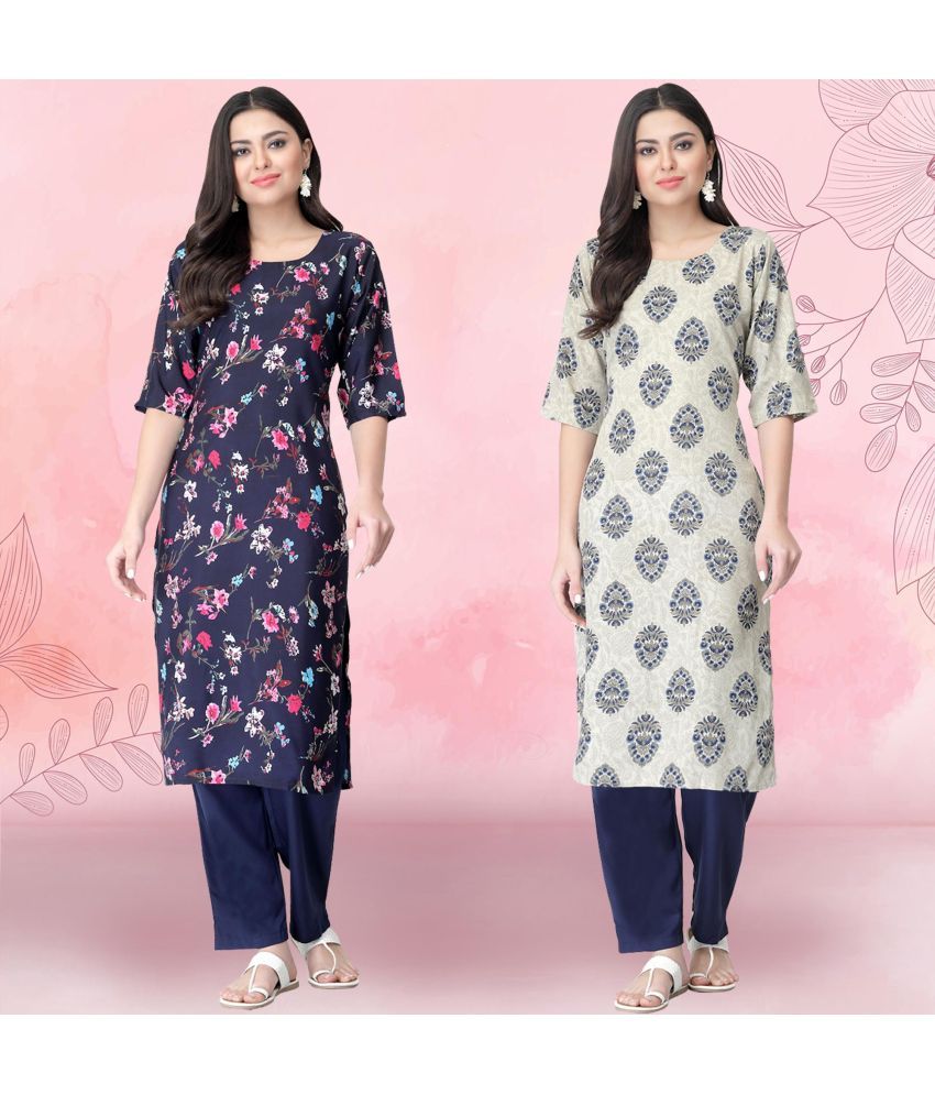     			1 Stop Fashion Crepe Printed Kurti With Pants Women's Stitched Salwar Suit - Grey ( Pack of 2 )