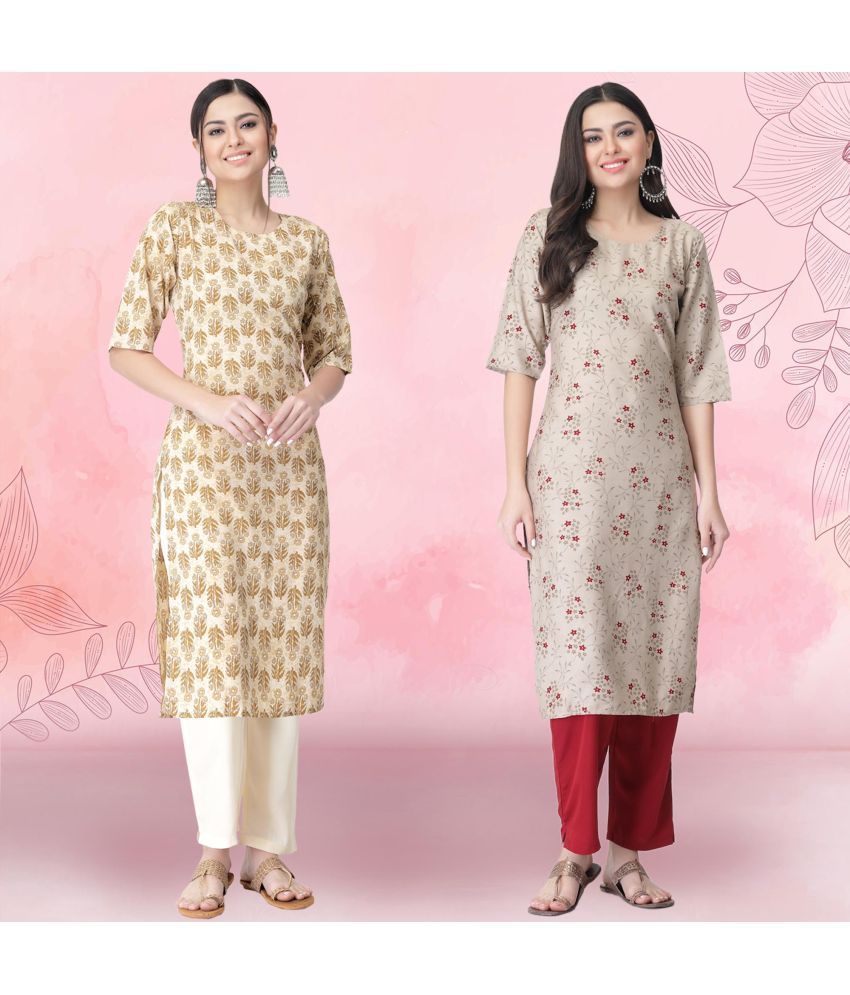     			1 Stop Fashion Crepe Printed Kurti With Pants Women's Stitched Salwar Suit - Beige ( Pack of 2 )