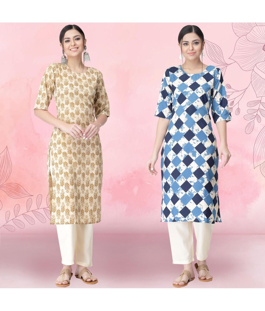     			1 Stop Fashion Crepe Printed Kurti With Pants Women's Stitched Salwar Suit - Cream ( Pack of 2 )