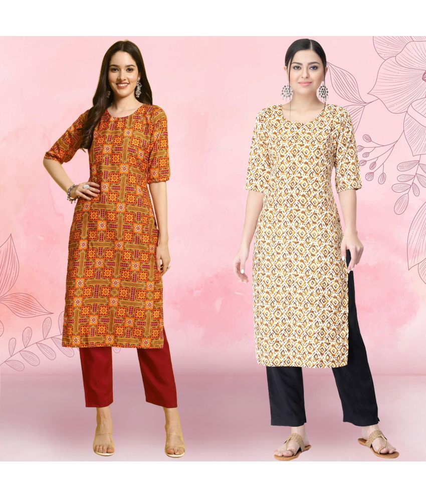     			1 Stop Fashion Crepe Printed Kurti With Pants Women's Stitched Salwar Suit - Cream ( Pack of 2 )