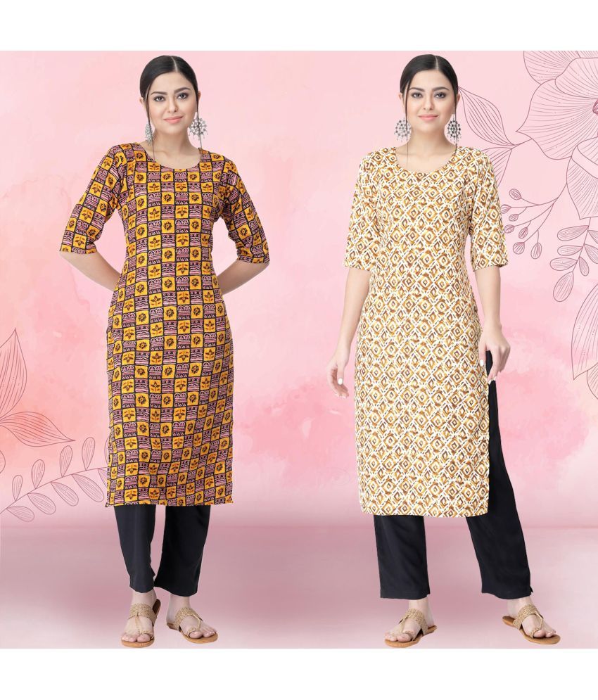     			1 Stop Fashion Crepe Printed Kurti With Pants Women's Stitched Salwar Suit - Cream ( Pack of 2 )