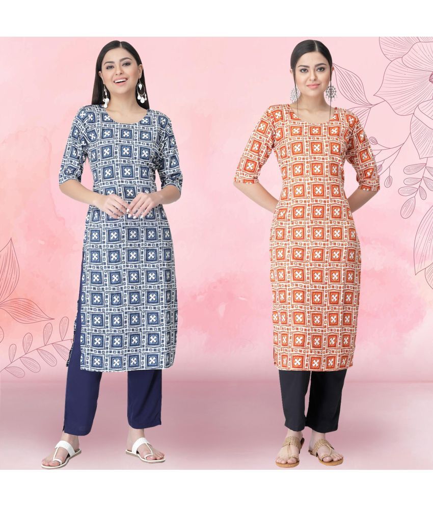     			1 Stop Fashion Crepe Printed Kurti With Pants Women's Stitched Salwar Suit - Orange ( Pack of 2 )