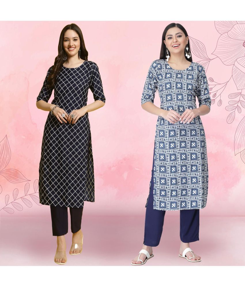     			1 Stop Fashion Crepe Printed Kurti With Pants Women's Stitched Salwar Suit - Navy Blue ( Pack of 2 )