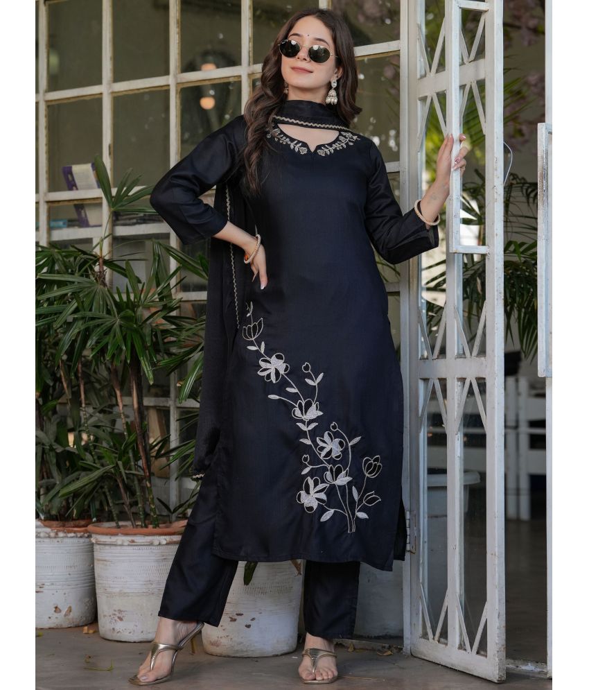     			Niza Fashion Rayon Embroidered Kurti With Pants Women's Stitched Salwar Suit - Black ( Pack of 1 )