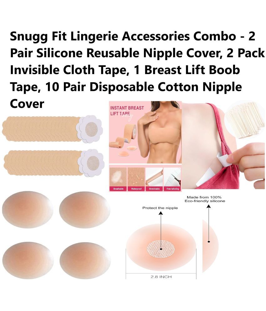     			Best Quality Cheapest Combo - Breast Lift Boob Tape (1), Flix 10 Times Reusable Silicone Nipple Cover (2), Disposable Cotton Nipple Cover (2) & Double Side Invisible Fashion Body Tape (2)