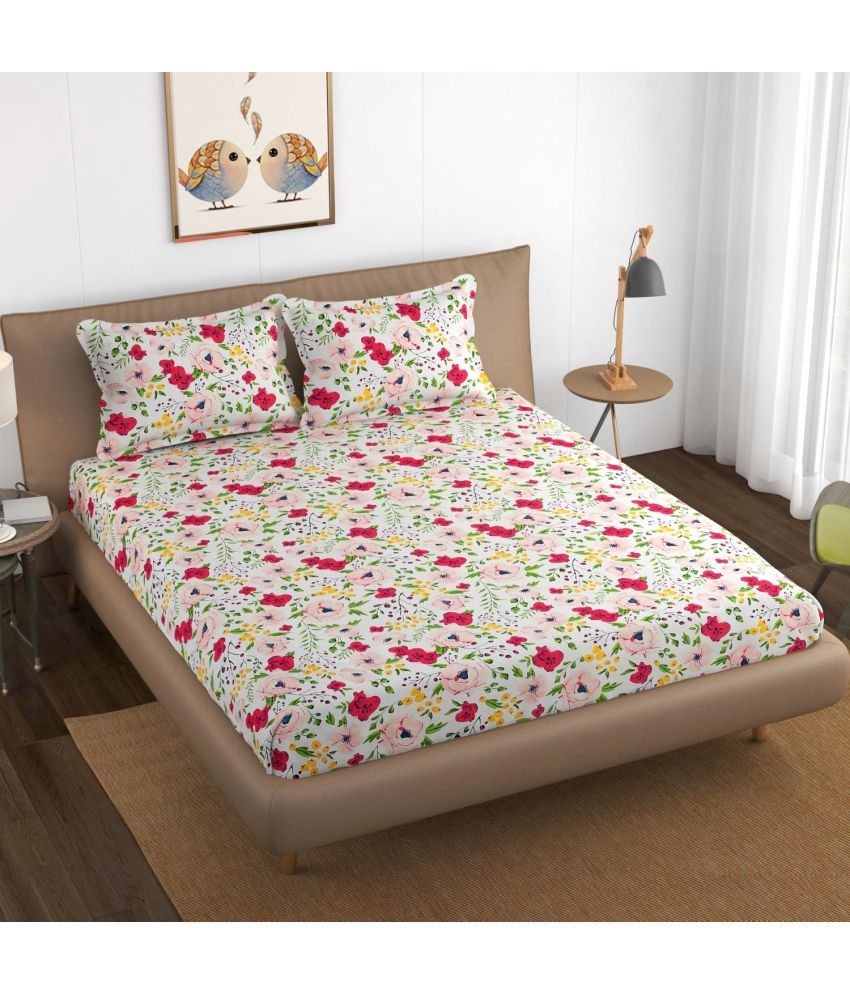     			EVAHOME Cotton Floral Printed Fitted 1 Bedsheet with 2 Pillow Covers ( Queen Size ) - White