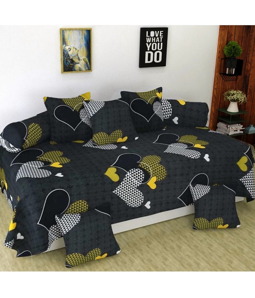     			EVAHOME Cotton Geometric Printed Diwan Set 8 Pcs - Black