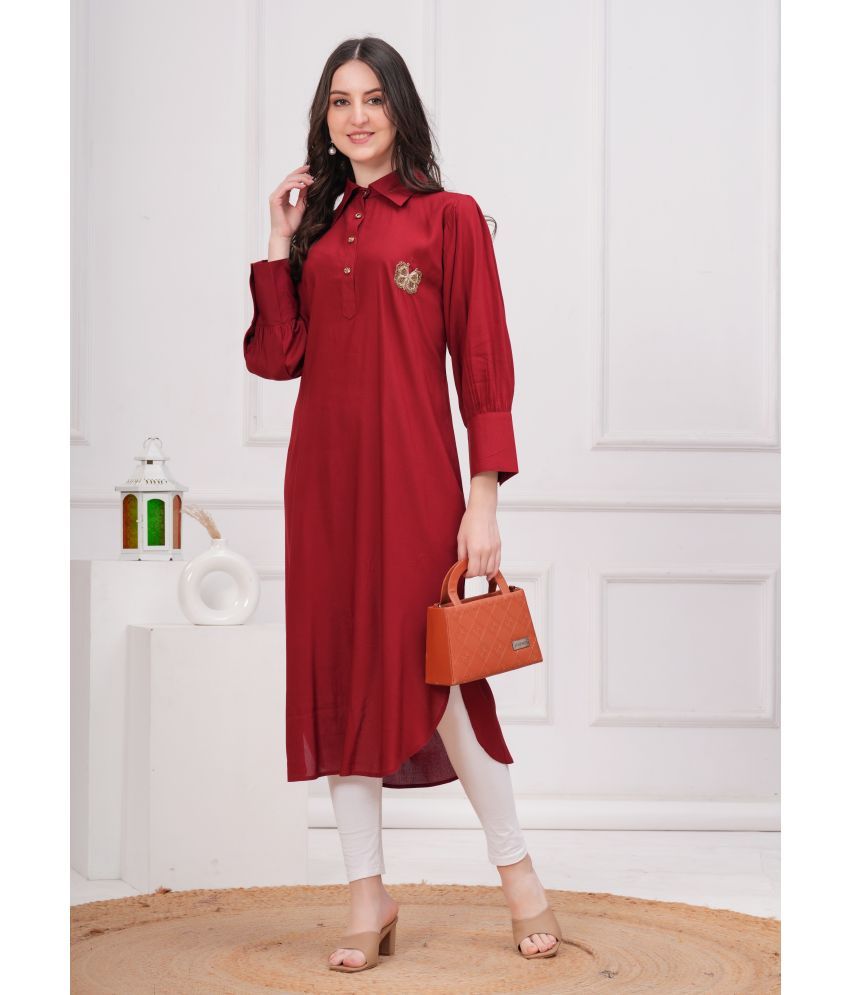     			HIGHLIGHT FASHION EXPORT Pack of 1 Viscose Rayon Solid Straight Women's Kurti - ( Maroon )