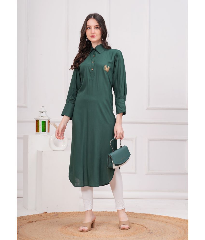     			JC4U Pack of 1 Viscose Rayon Solid Straight Women's Kurti - ( Green )