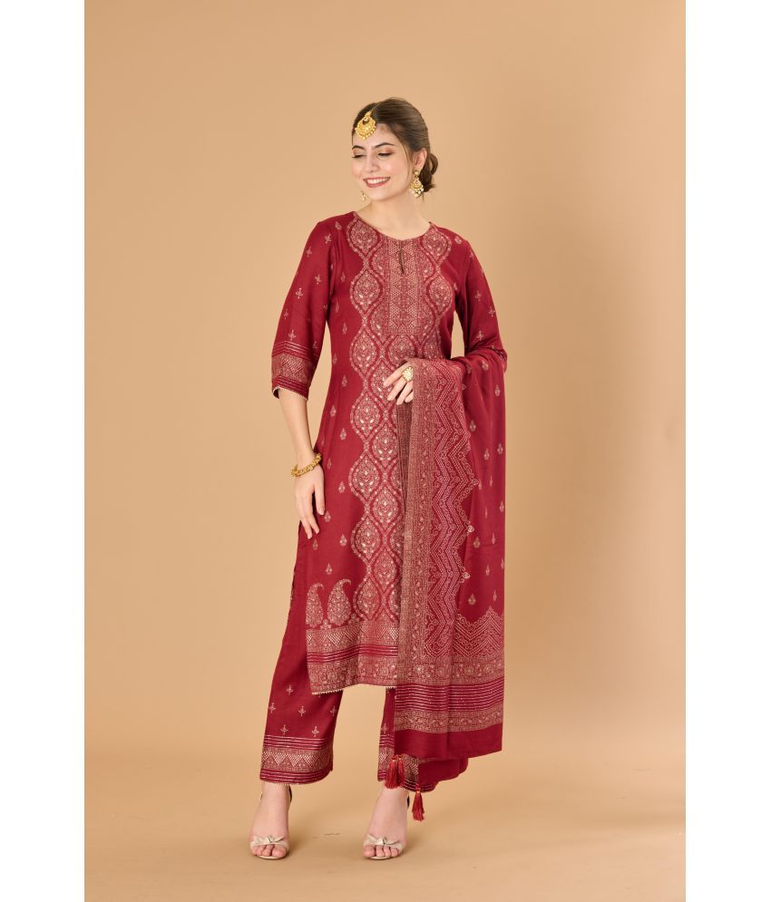     			SAFAA Unstitched Woollen Printed Dress Material - Maroon ( Pack of 1 )