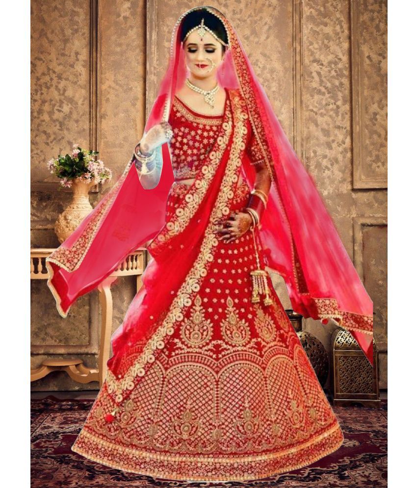     			Trijal Fab Red Bhagalpuri Silk Circular Semi Stitched Lehenga Single