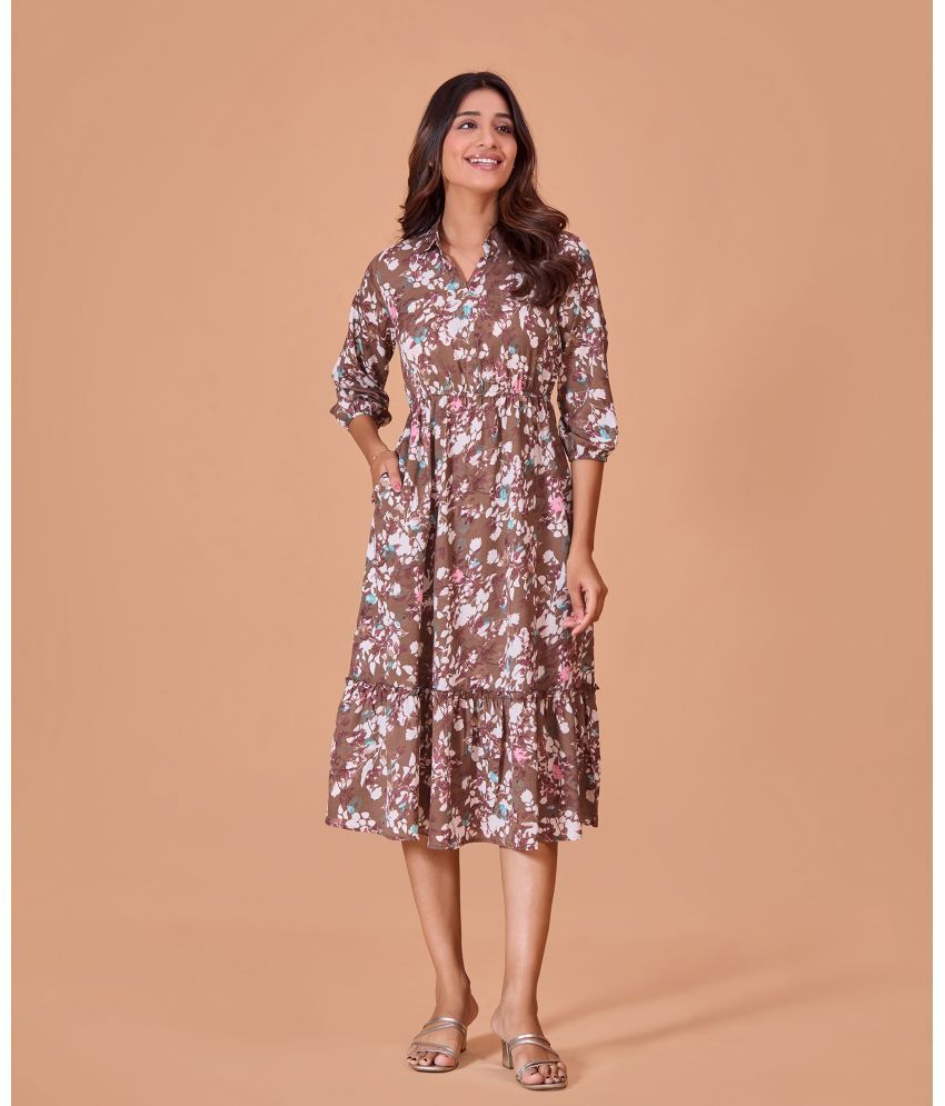     			Fashfun Cotton Blend Printed Midi Women's Fit & Flare Dress - Brown ( Pack of 1 )