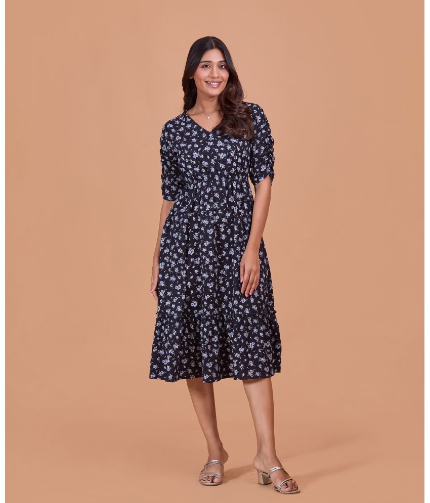     			Fashfun Cotton Blend Printed Midi Women's Fit & Flare Dress - Navy ( Pack of 1 )