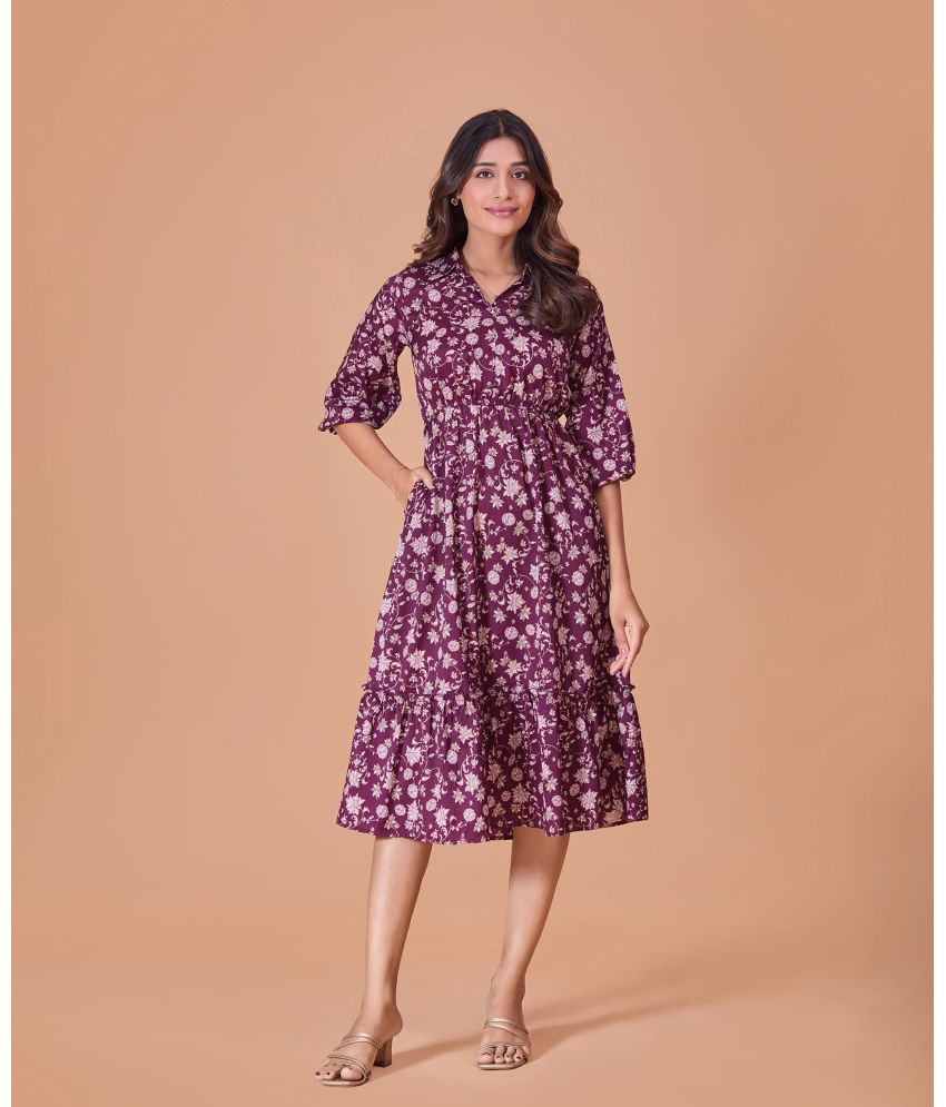     			Fashfun Cotton Blend Printed Midi Women's Fit & Flare Dress - Maroon ( Pack of 1 )