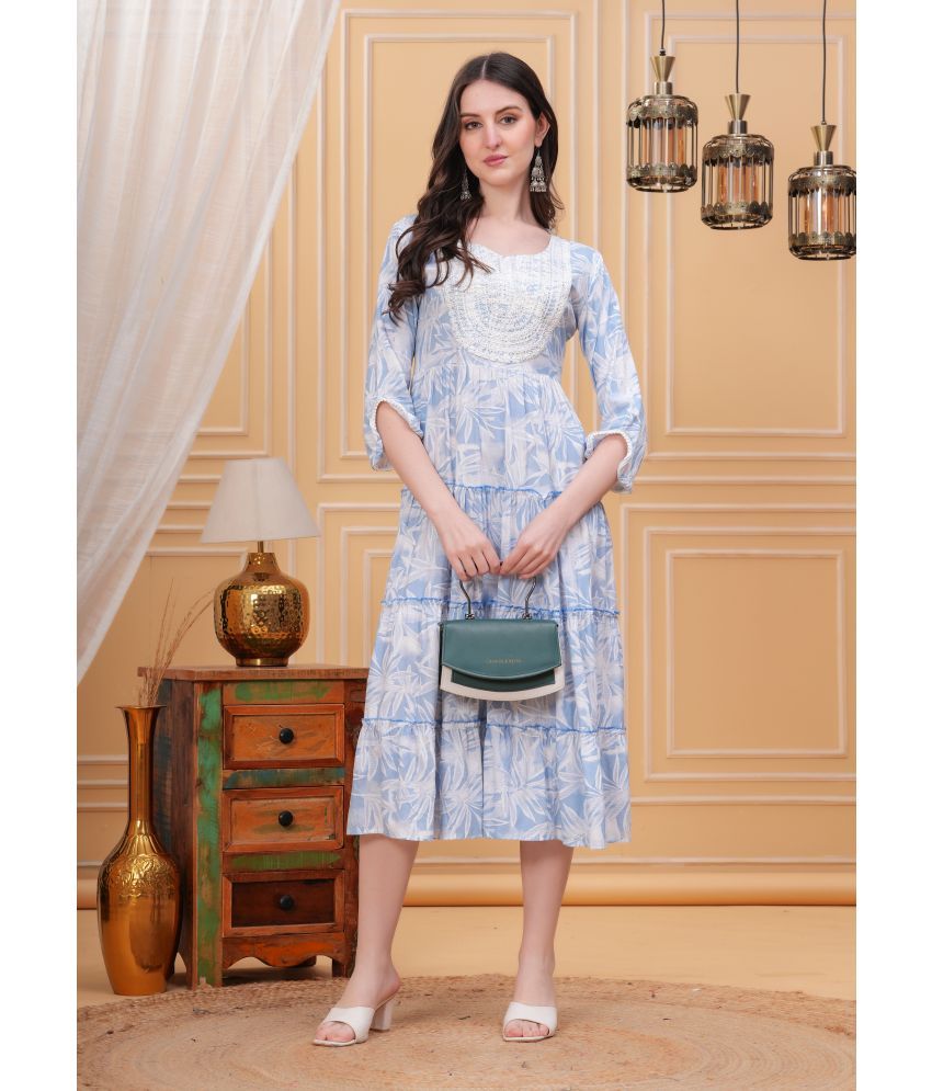     			JAI SHIVAM TRADERS Cotton Printed Calf-Length Women's Fit & Flare Dress - Light Blue ( Pack of 1 )