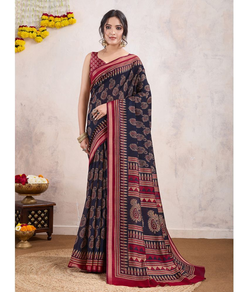     			RekhaManiyar Pack of 1 Viscose Printed Saree With Blouse Piece ( Navy Blue )