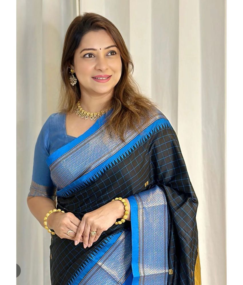     			Vividvibe Pack of 1 Kanjivaram Silk Self Design Saree With Blouse Piece ( Blue )