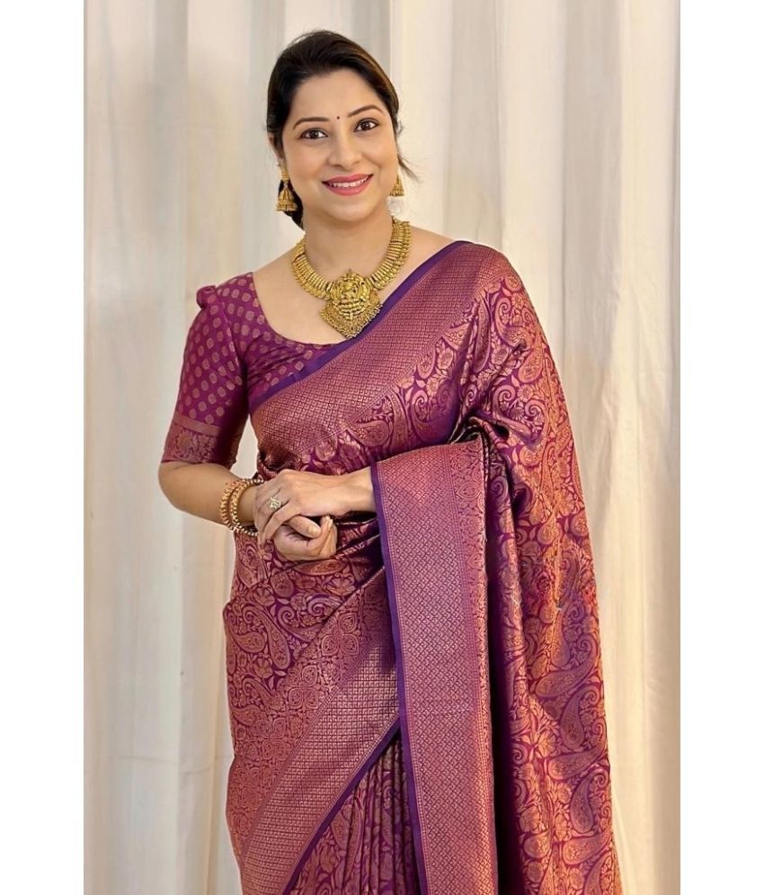     			Vividvibe Pack of 1 Kanjivaram Silk Self Design Saree With Blouse Piece ( Purple )