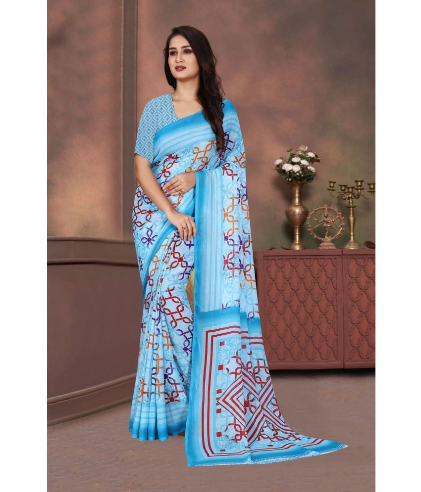     			JIHANA FAB Pack of 1 Georgette Printed Saree With Blouse Piece ( Blue )