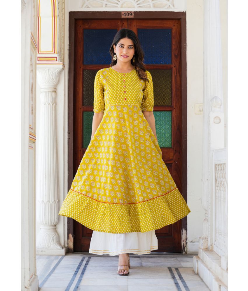     			Yash Gallery Pack of 1 Cotton Printed Anarkali Women's Kurti - ( Mustard )