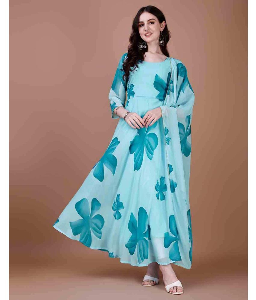     			Femvy Pack of 1 Cotton Blend Printed Anarkali Women's Kurti with Dupatta - ( Blue )