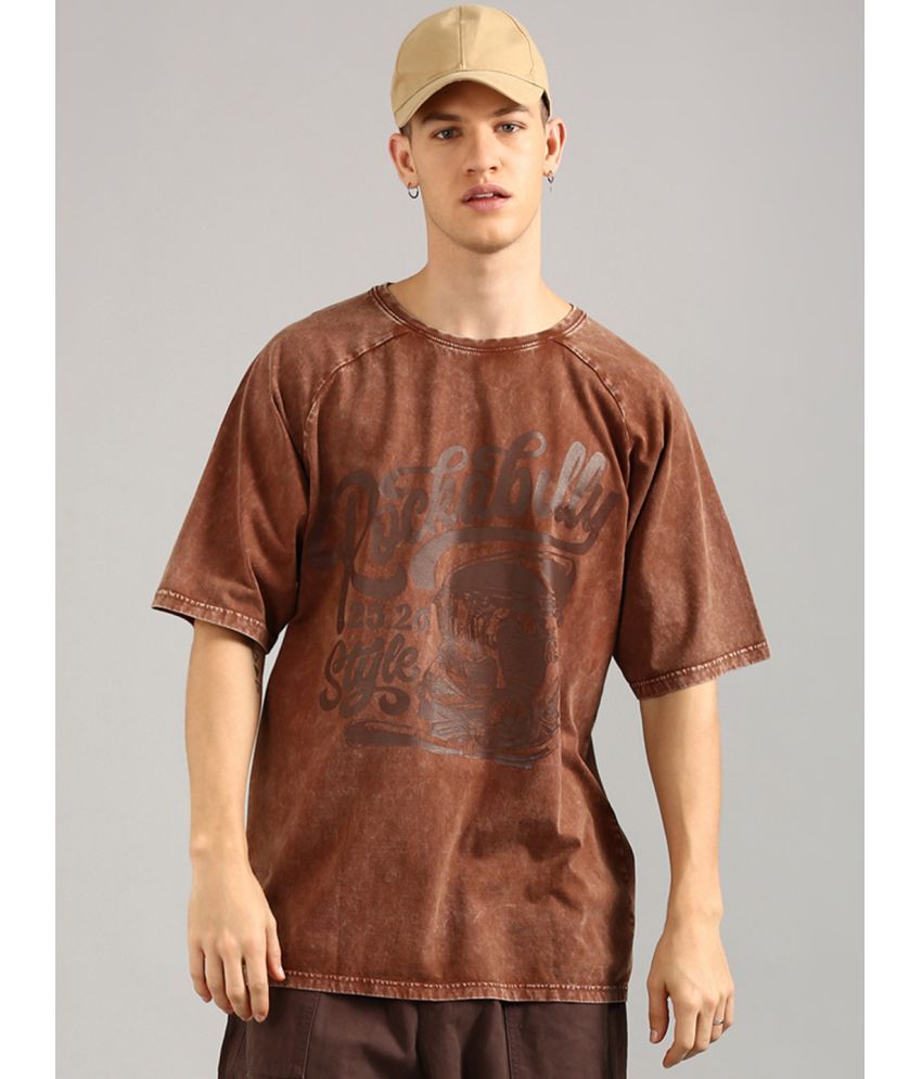     			Joven 100% Cotton Oversized Fit Printed Half Sleeves Men's Round T-Shirt - Brown ( Pack of 1 )