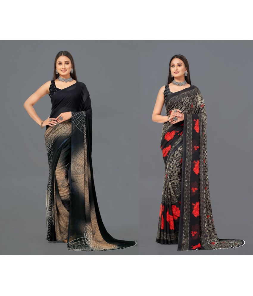     			Vibhagyaa Georgette Printed Saree With Blouse Piece ( Black , Pack of 2 )