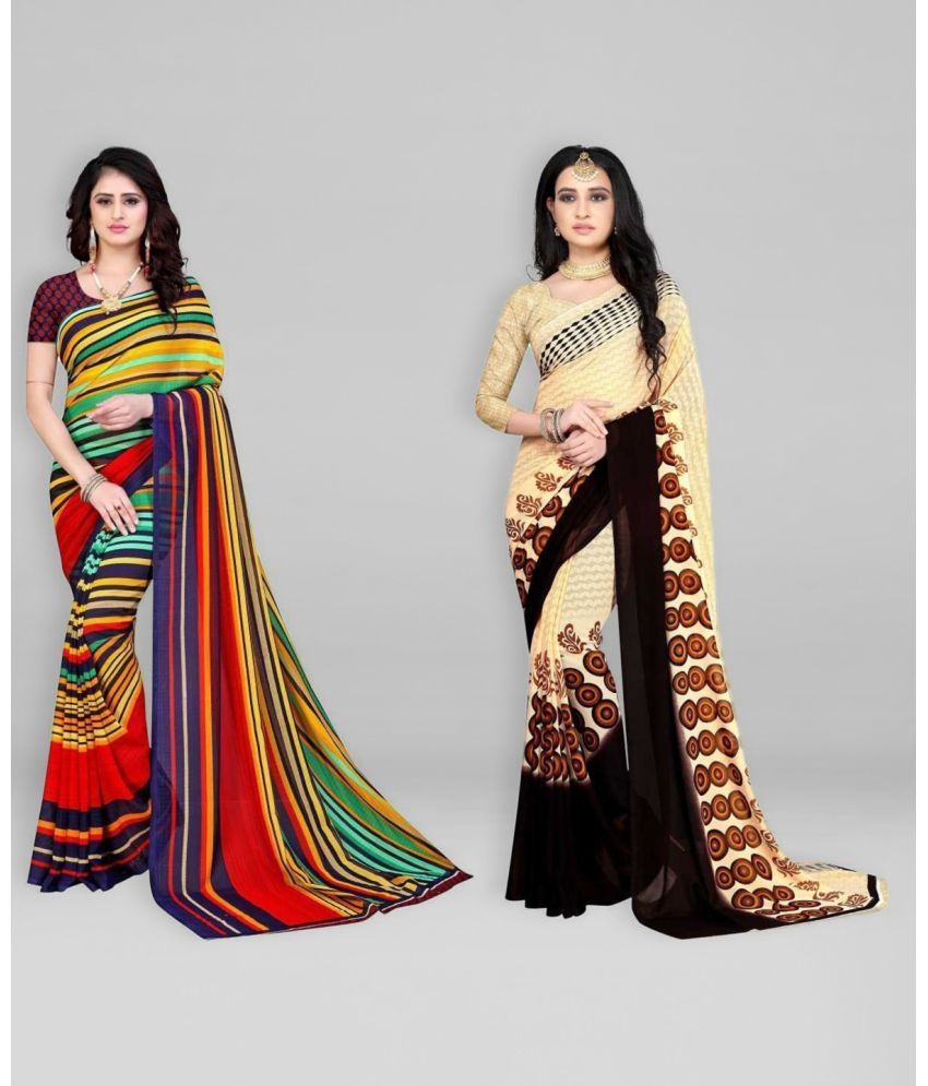     			Vibhagyaa Georgette Printed Saree With Blouse Piece ( Cream , Pack of 2 )