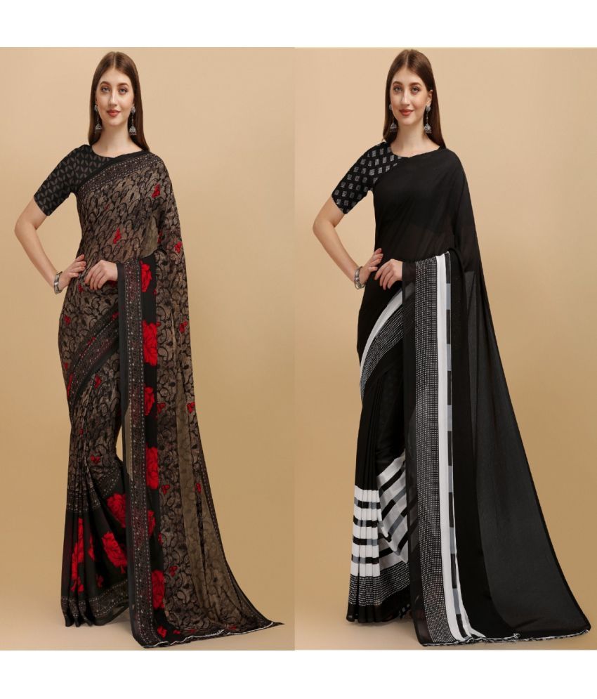     			Vibhagyaa Georgette Printed Saree With Blouse Piece ( Black , Pack of 2 )