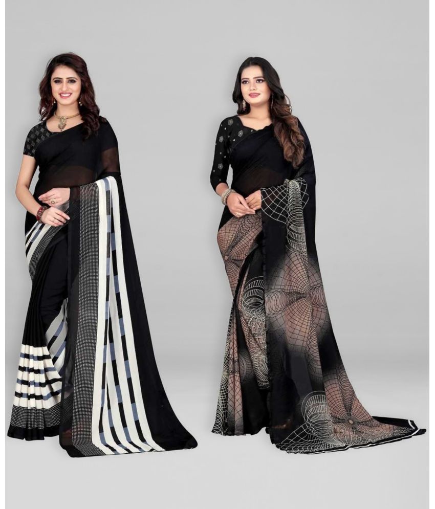     			Vibhagyaa Georgette Printed Saree With Blouse Piece ( Black , Pack of 2 )