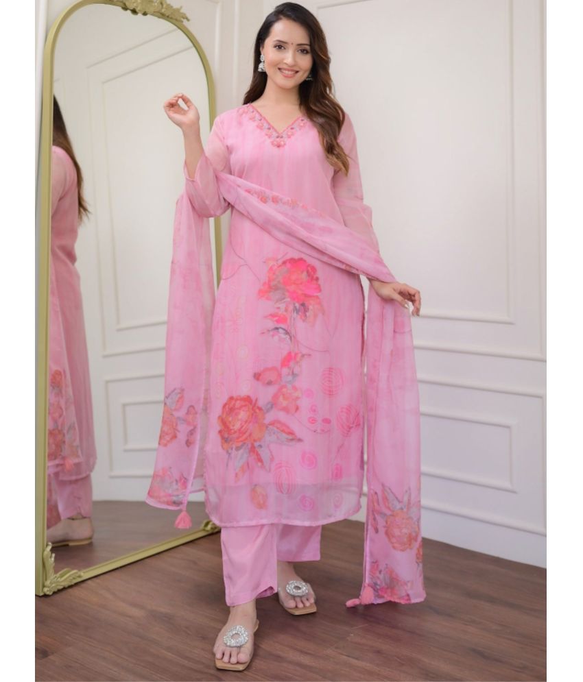     			Eeloo Organza Embroidered Kurti With Pants Women's Stitched Salwar Suit - Pink ( Pack of 1 )