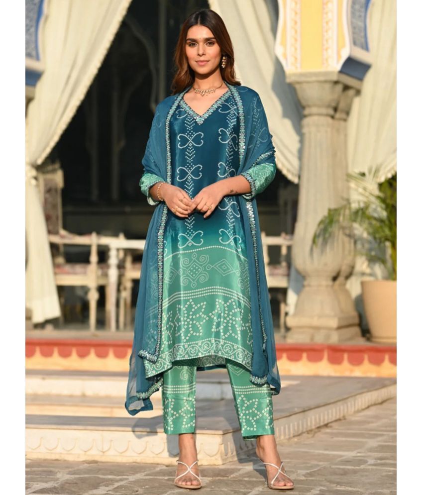     			Eeloo Silk Embroidered Kurti With Pants Women's Stitched Salwar Suit - Turquoise ( Pack of 1 )