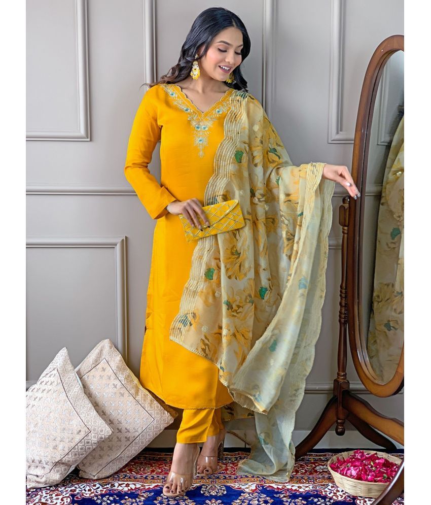     			Eeloo Viscose Embroidered Kurti With Pants Women's Stitched Salwar Suit - Yellow ( Pack of 1 )