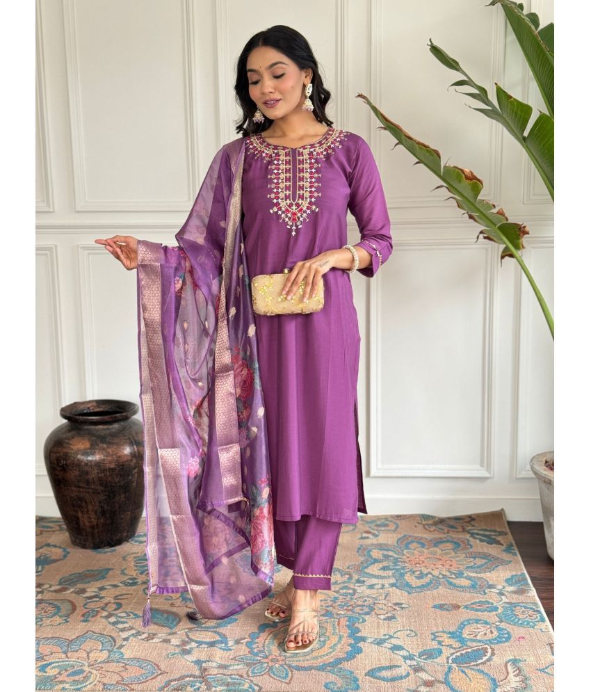     			Eeloo Viscose Embroidered Kurti With Pants Women's Stitched Salwar Suit - Purple ( Pack of 1 )