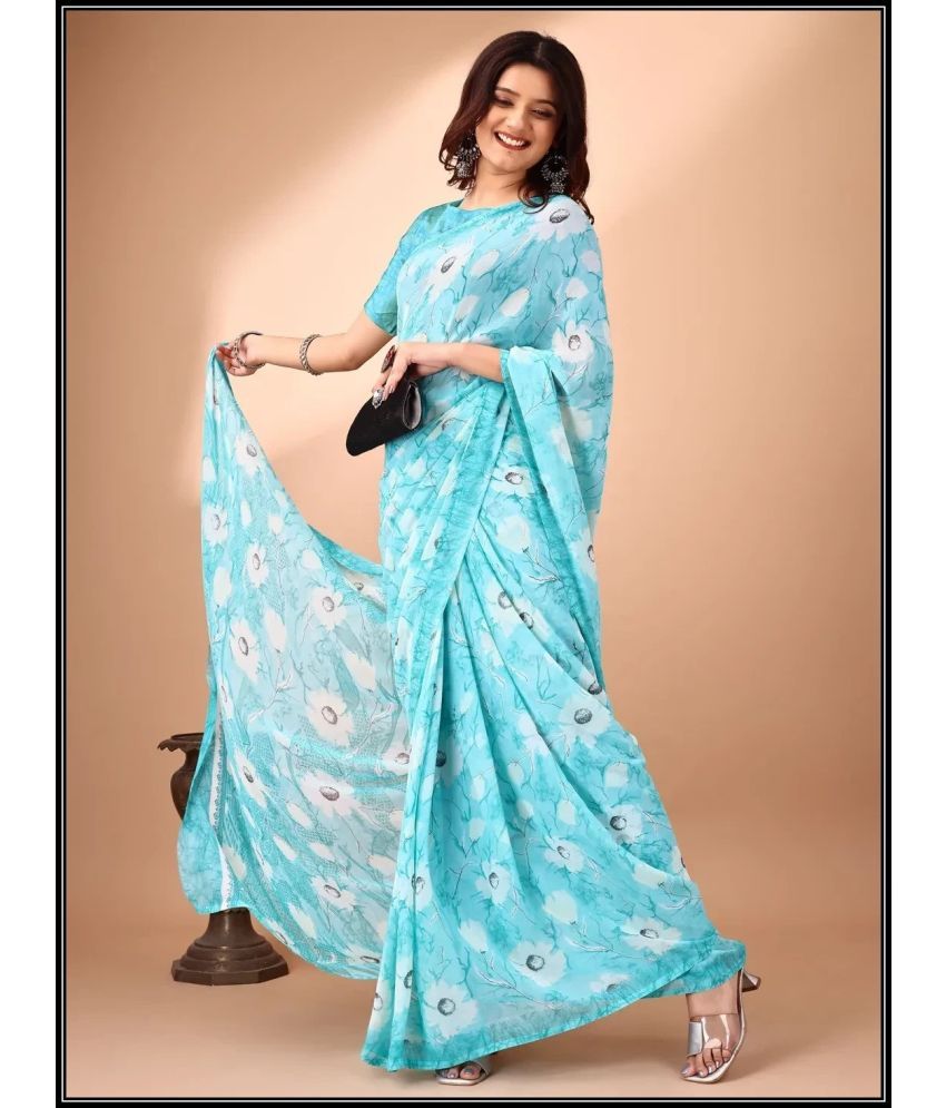     			Vibhagyaa Chiffon Printed Saree With Blouse Piece ( Light Blue , Pack of 1 )