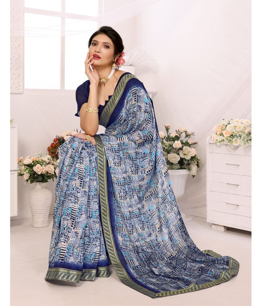     			Yashika Georgette Printed Saree With Blouse Piece ( Blue , Pack of 1 )