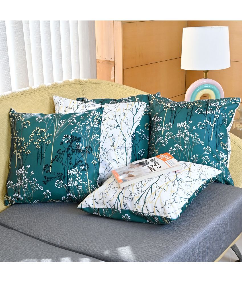     			DIVINE CASA Set of 5 Polyester Floral Printed Square Cushion Cover (40X40)cm - Green