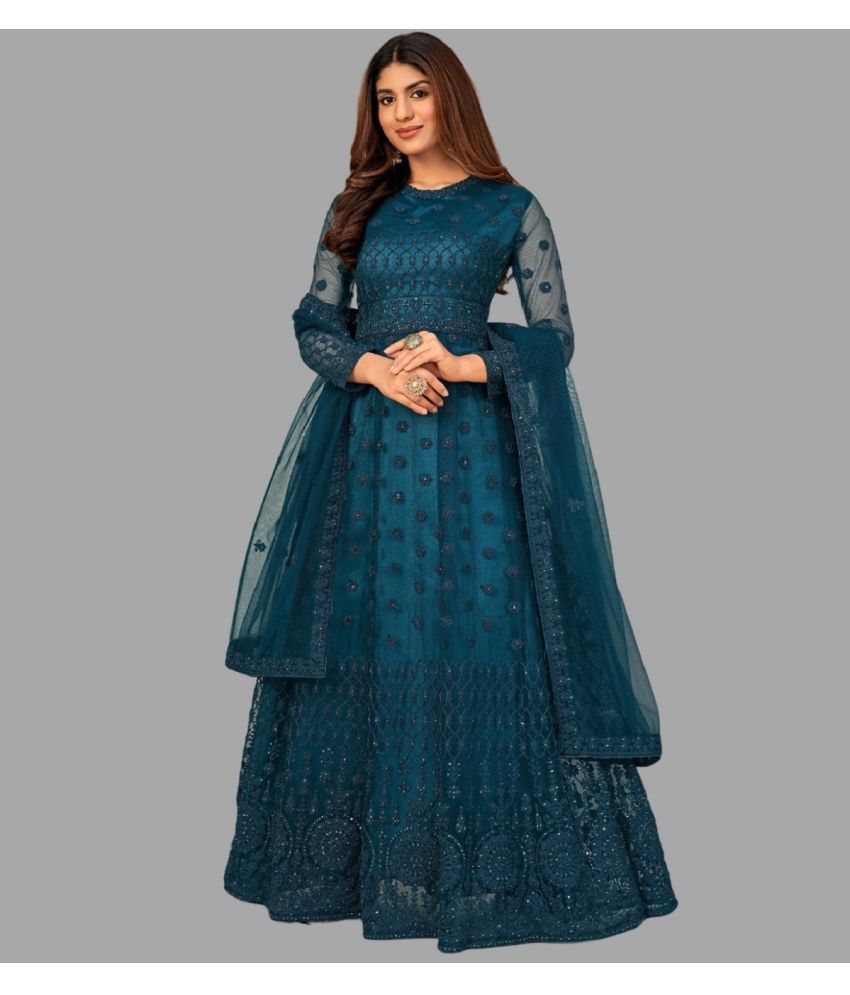     			Lady Shopi Teal Flared Net Women's Semi Stitched Ethnic Gown ( Pack of 1 )