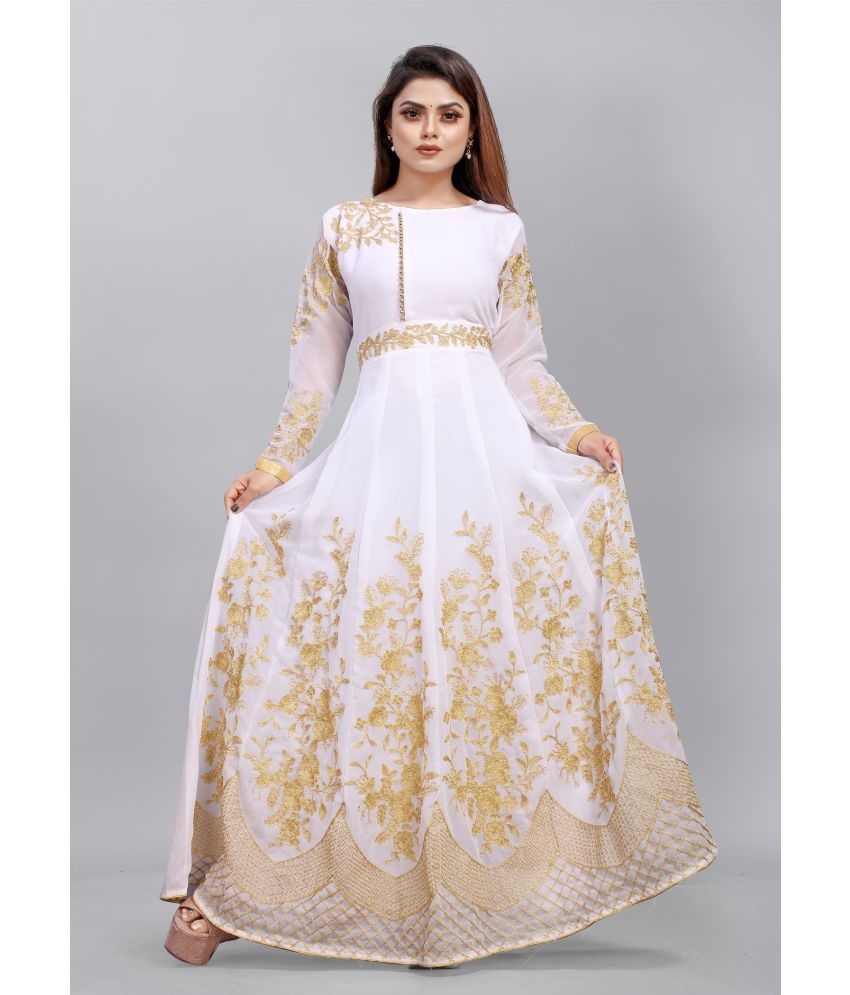     			Lady Shopi White Flared Net Women's Semi Stitched Ethnic Gown ( Pack of 1 )